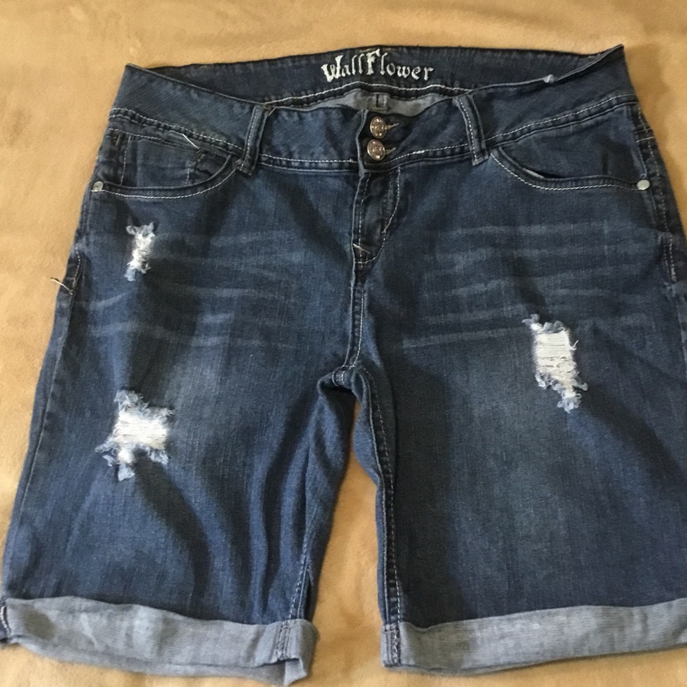 Wallflower Dark Blue Distressed Roll-Cuff Denim Bermuda Shorts